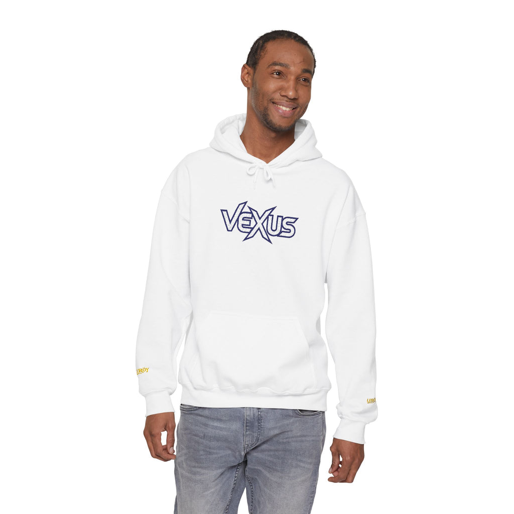Vexus Logo Hoodie — White Streetwear Pullover with Distressed Graphic