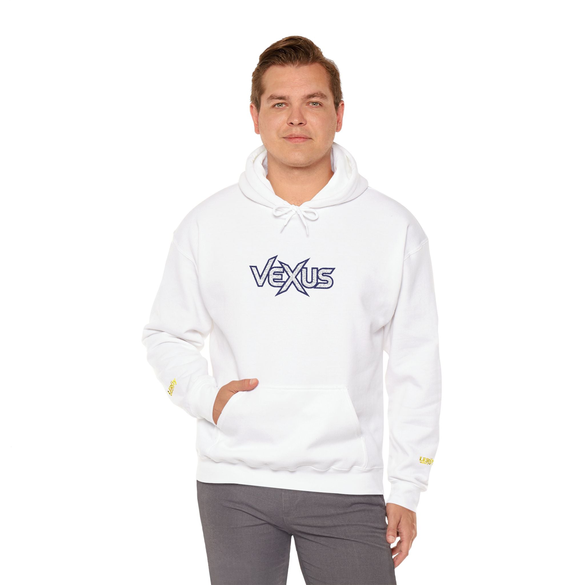 Vexus Logo Hoodie — White Streetwear Pullover with Distressed Graphic