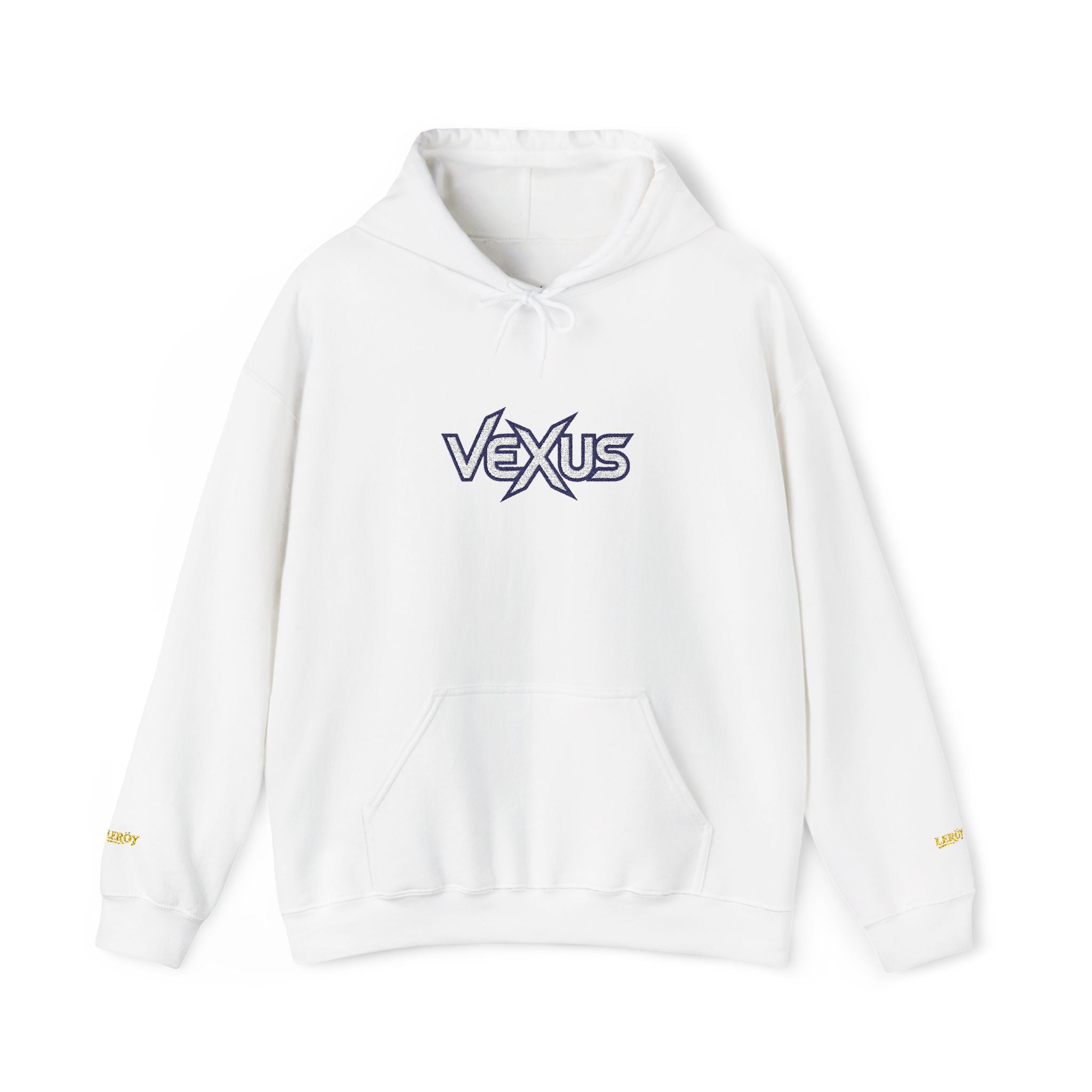 Vexus Logo Hoodie — White Streetwear Pullover with Distressed Graphic