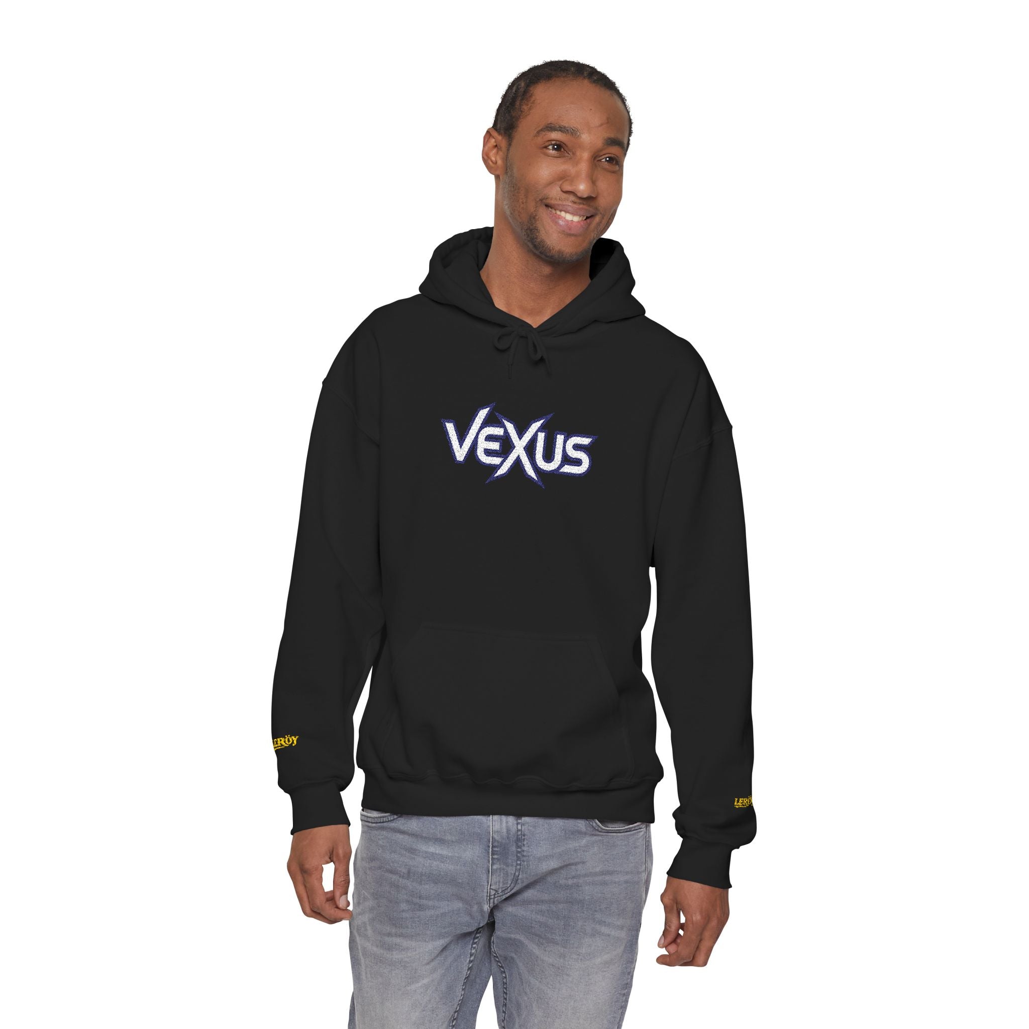 Vexus Logo Hoodie — White Streetwear Pullover with Distressed Graphic