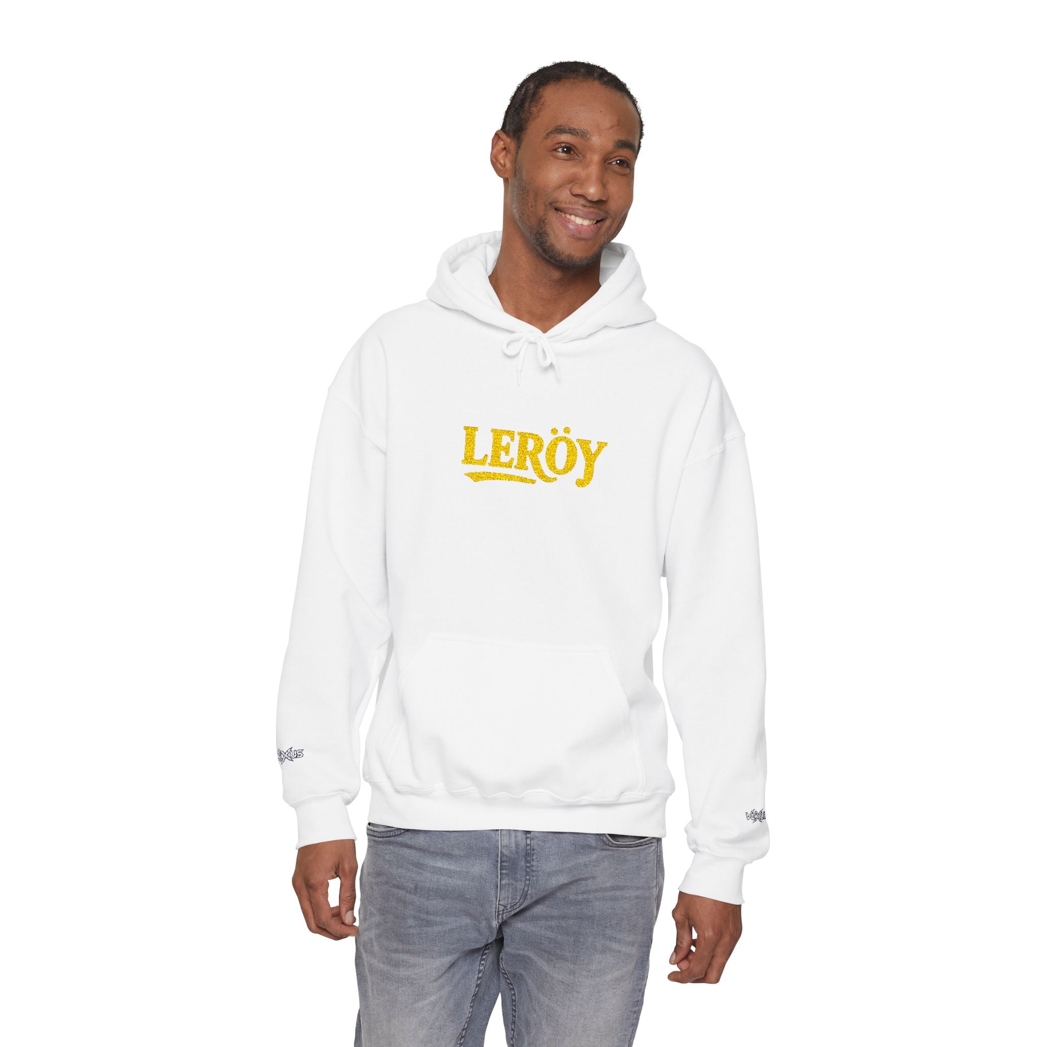 Leroy Floral Script Hoodie — White Cozy Name Graphic Sweatshirt