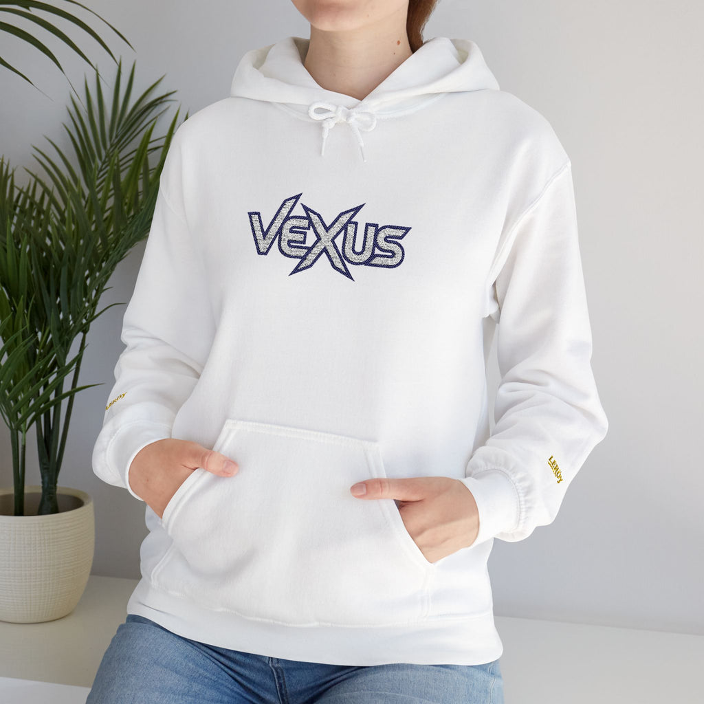 Vexus Logo Hoodie — White Streetwear Pullover with Distressed Graphic