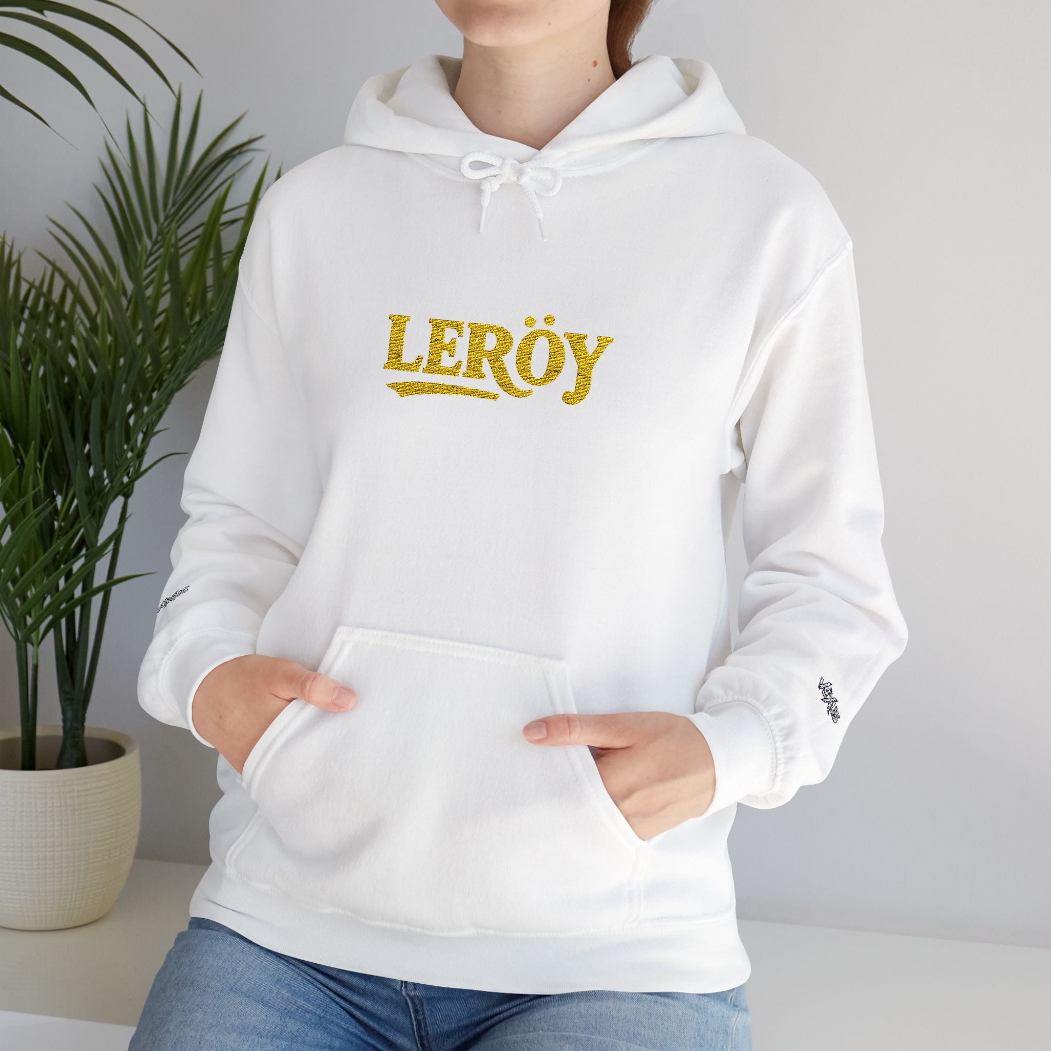 Leroy Floral Script Hoodie — White Cozy Name Graphic Sweatshirt