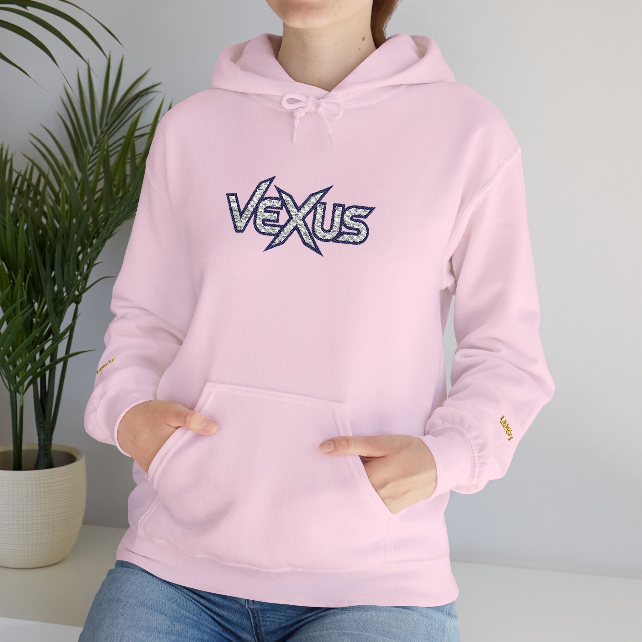 Vexus Logo Hoodie — White Streetwear Pullover with Distressed Graphic