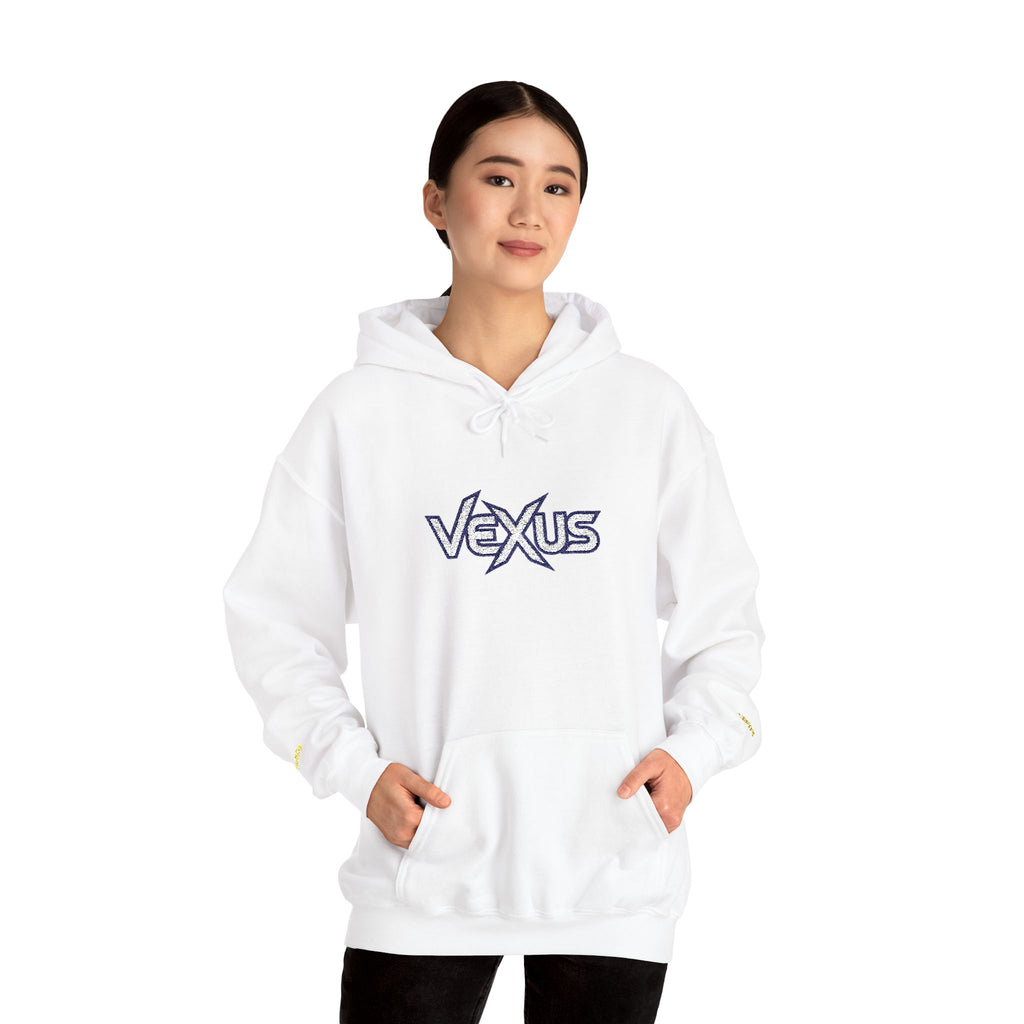 Vexus Logo Hoodie — White Streetwear Pullover with Distressed Graphic