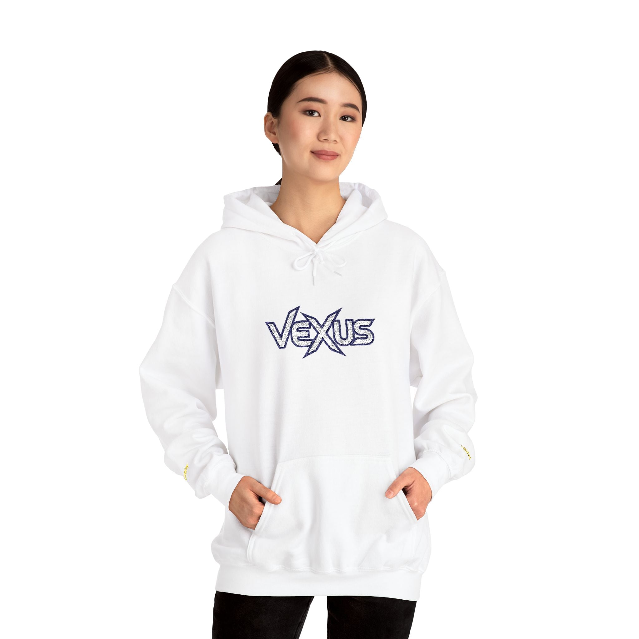 Vexus Logo Hoodie — White Streetwear Pullover with Distressed Graphic