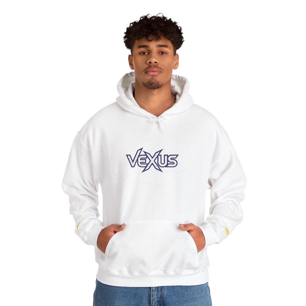 Vexus Logo Hoodie — White Streetwear Pullover with Distressed Graphic