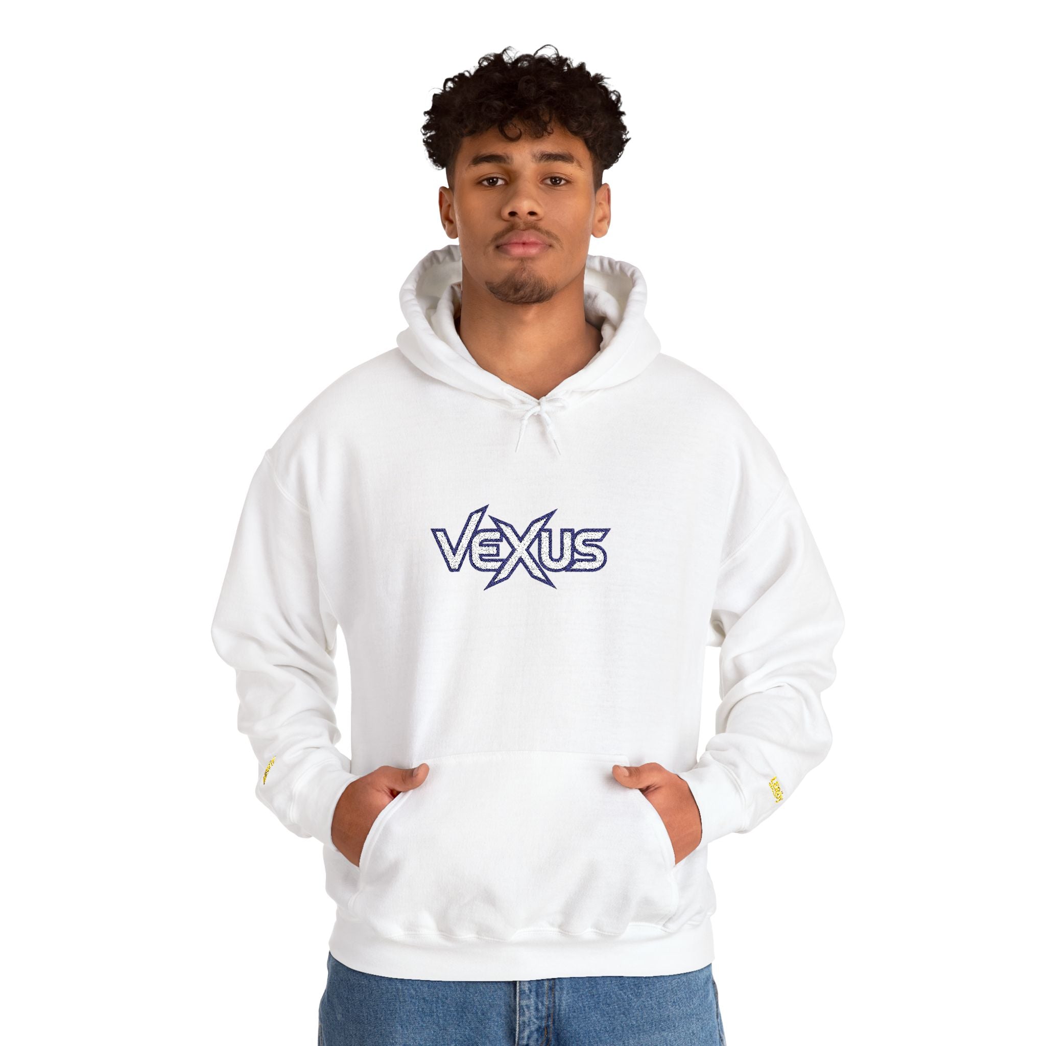 Vexus Logo Hoodie — White Streetwear Pullover with Distressed Graphic