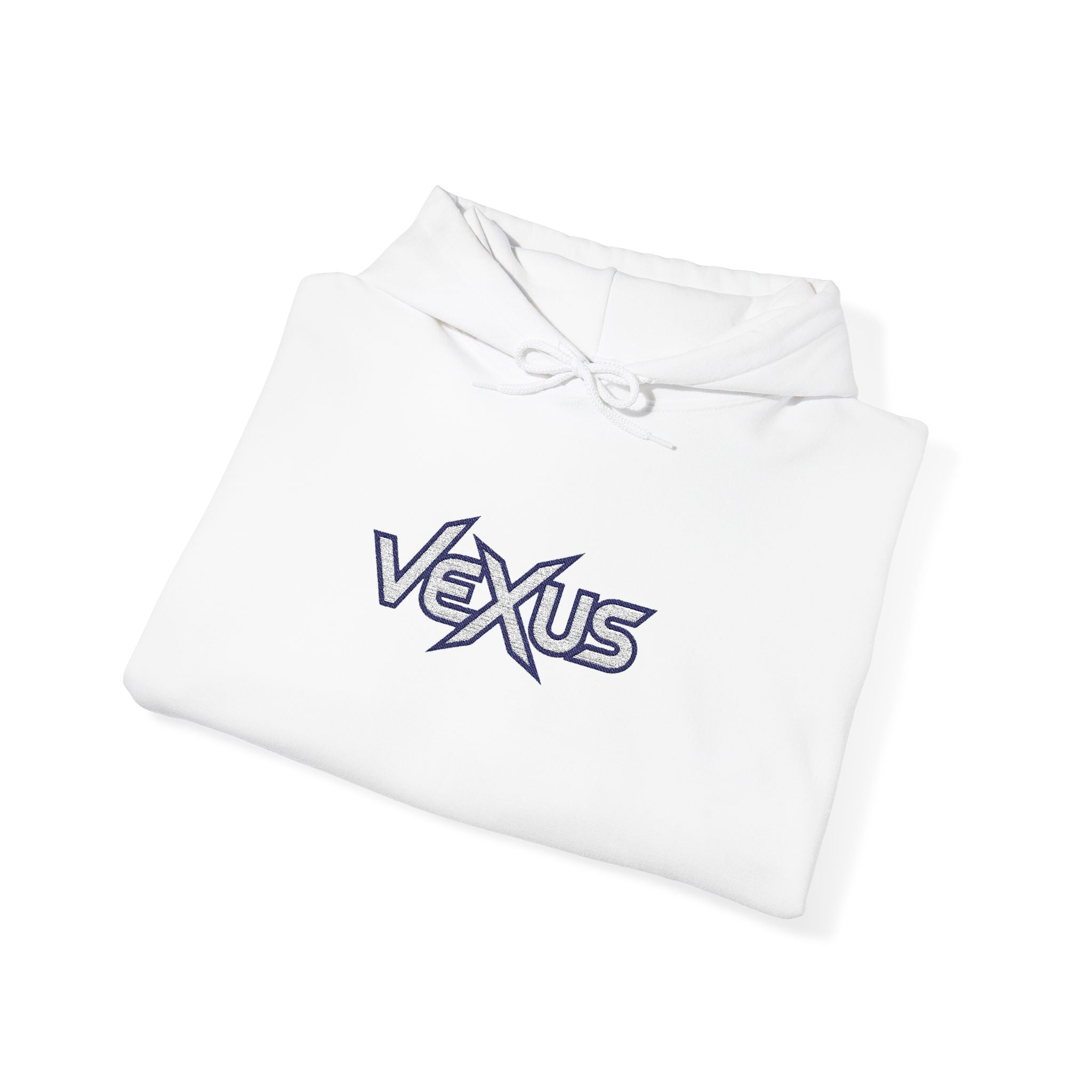 Vexus Logo Hoodie — White Streetwear Pullover with Distressed Graphic