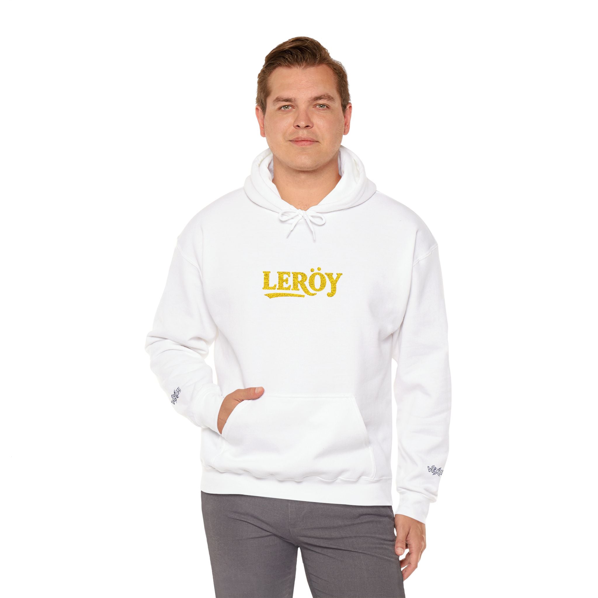 Leroy Floral Script Hoodie — White Cozy Name Graphic Sweatshirt